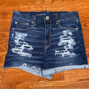 American Eagle Dark Denim Distressed Curvy Hi-Rise Shortie Jean Shorts for Women